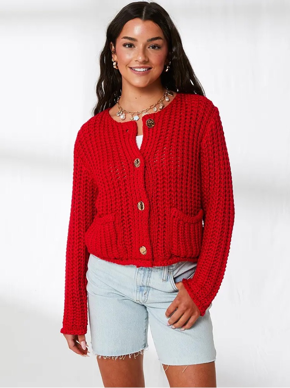 Buckle 33 Coastal Red Chunky Knit Button-Front Sweater Cardigan